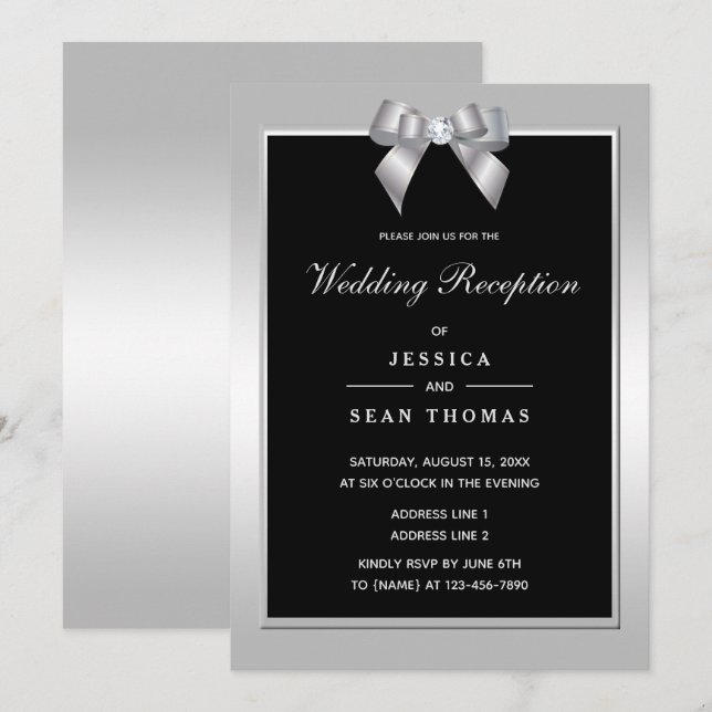 Stilvolle Silver Gem Bow & Black Wedding Reception Einladung (Vorne/Hinten)
