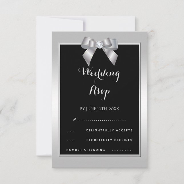 Stilvolle Silver Gem Bow & Black Wedding RSVP Karte (Vorderseite)