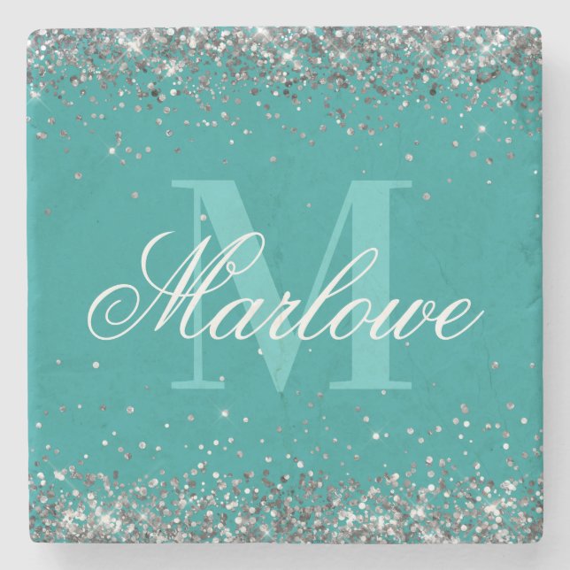 Stilvolle Silver Glitzer Aquamarin Monogram Steinuntersetzer (Vorderseite)