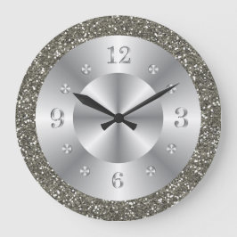Stilvolle Silver Glitzer Metallic Gray Shiny Numbe Große Wanduhr