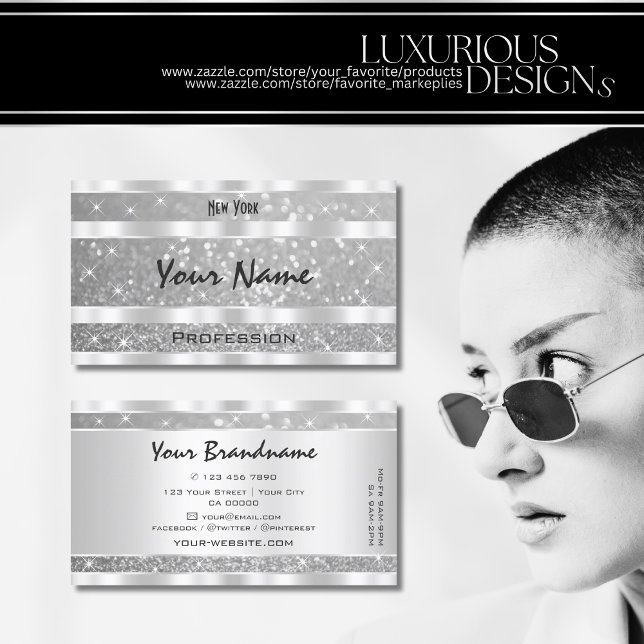 Stilvolle Silver Glitzer Sparkling Stars Eye-Catch Visitenkarte (Von Creator hochgeladen)