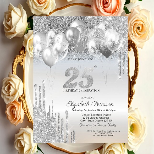 Stilvolle Silver Glitzer Tropfen Balloons 25. Gebu Einladung (Von Creator hochgeladen)