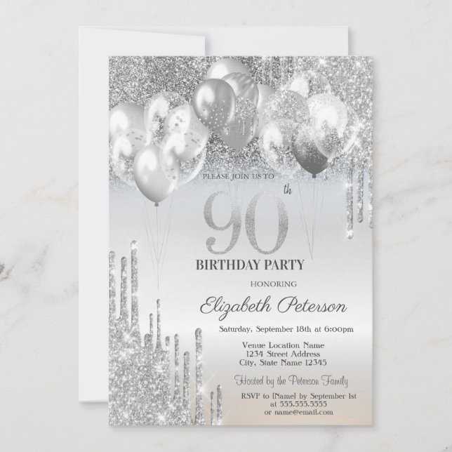 Stilvolle Silver Glitzer Tropfen Balloons 90. Birt Einladung (Vorderseite)