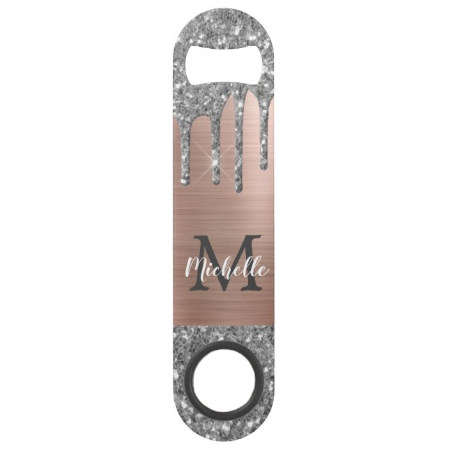 Stilvolle Silver Glitzer Tropfen Rose Gold Mit Mon Speed Flaschenöffner (Vorderseite)