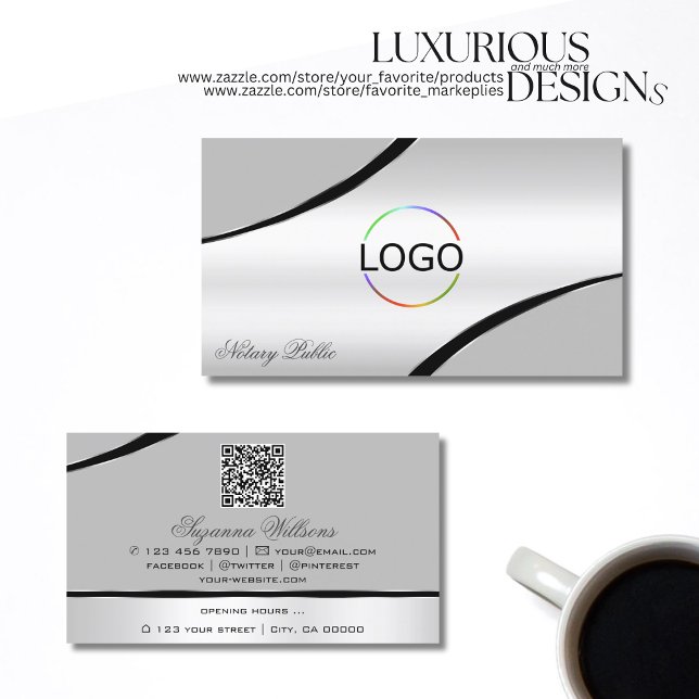 Stilvolle Silver Gray Curved Lines Logo und QR Cod Visitenkarte (Von Creator hochgeladen)