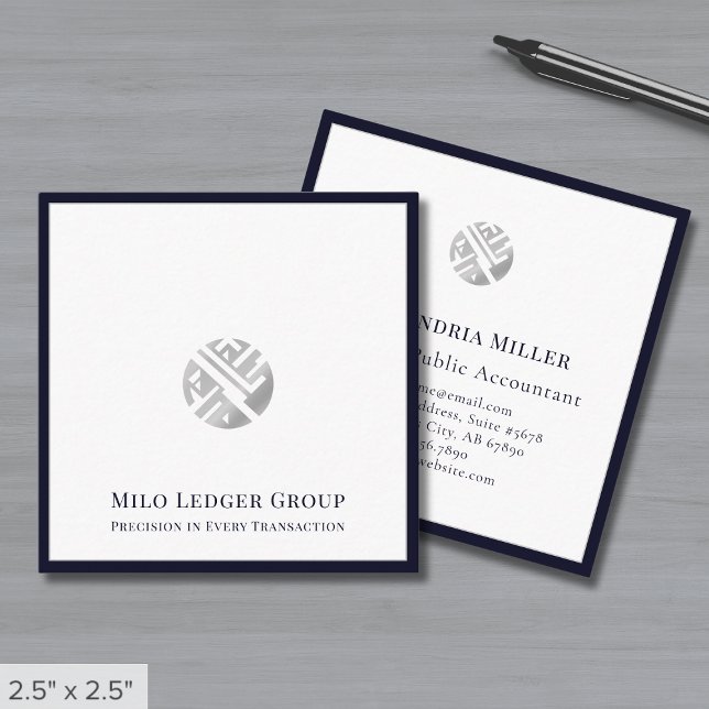Stilvolle Silver Logo Navy Blue Border Quadratische Visitenkarte (Von Creator hochgeladen)