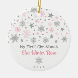 Stilvolle Silver Pink Snowflake Baby Erste Weihnac Keramik Ornament