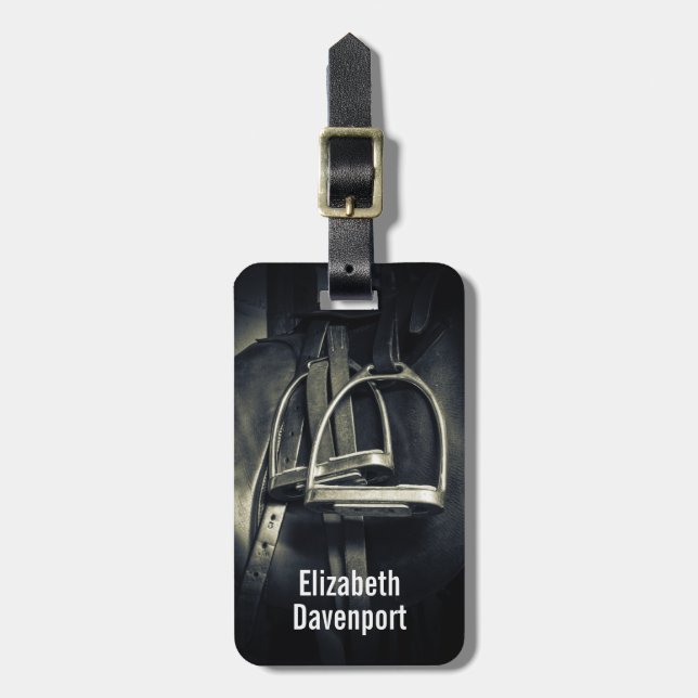 Stilvolle Silver Stirrups auf English Riding Saddl Gepäckanhänger (Vorderseite vertikal)
