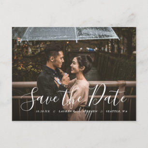 Stilvolle Skript-Foto-Overlay Save the Date Announ Ankündigungspostkarte