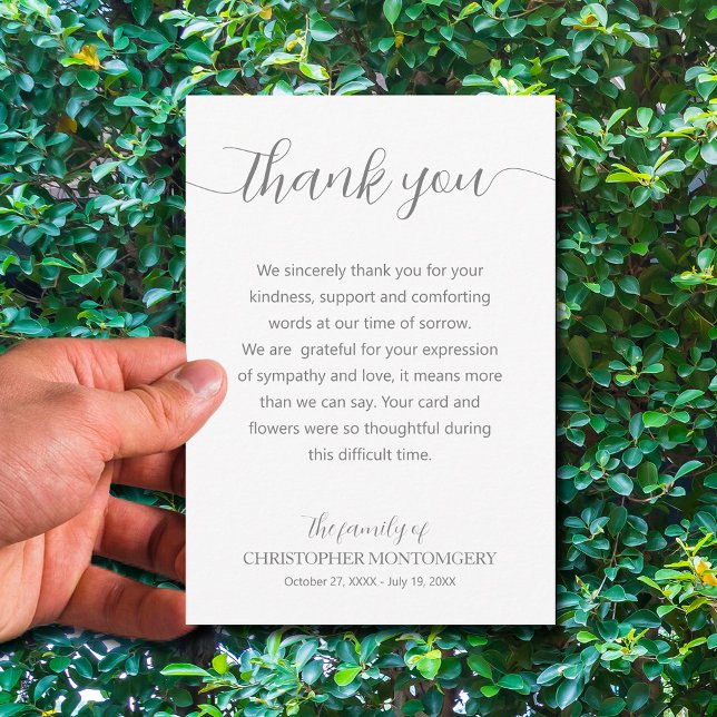 Stilvolle Skriptbeerdigung Dankeskarte (Simple funeral thank you cards with gray lettering are 3.5" x 5" or choose a different size)