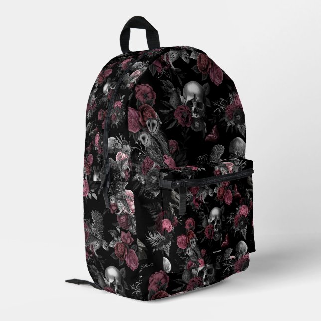 Stilvolle Skull Rose Owl Burgundy Pink Gothic Bedruckter Rucksack (Rückseitige Ecke links)