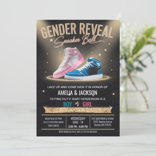 Stilvolle Sneaker Ball Moderne glühende Genderoffe Einladung (Stehend Vorderseite)