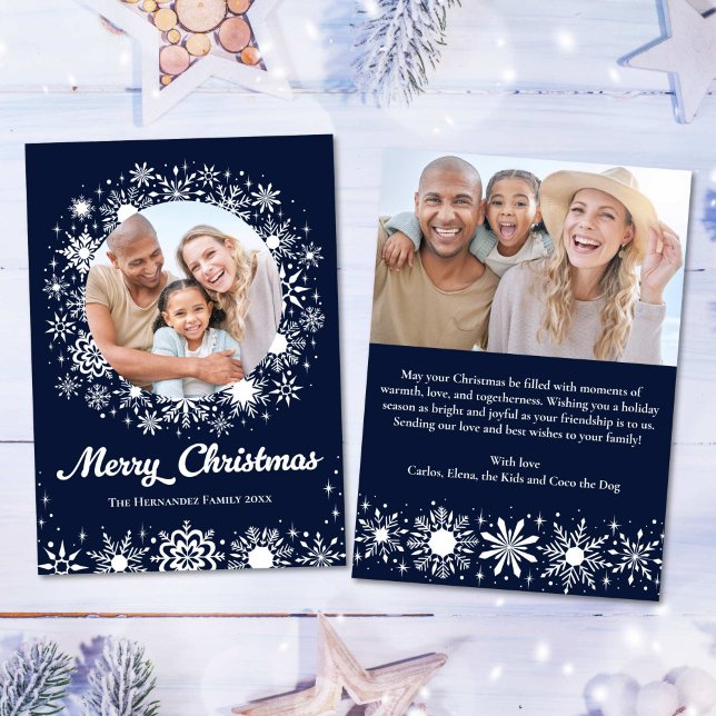Stilvolle Snowflakes Navy 2 Foto Weihnachten (Stylish Snowflakes Navy 2 Photo Family Christmas Holiday Card)