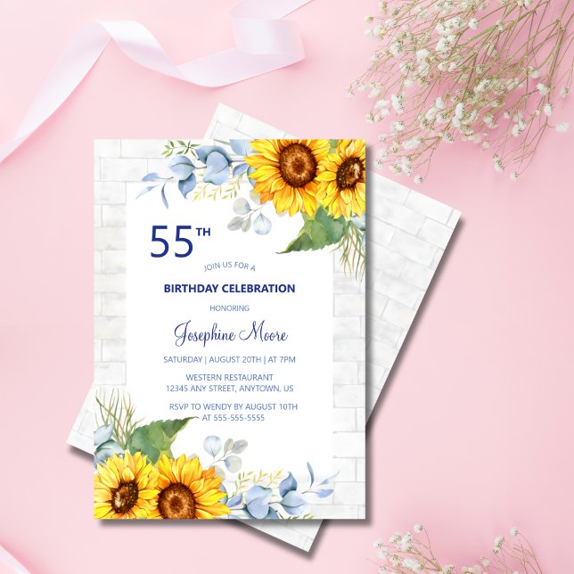 Stilvolle Sonnenblume Weiß Grau Brick Floral Gebur Einladung (Von Creator hochgeladen)
