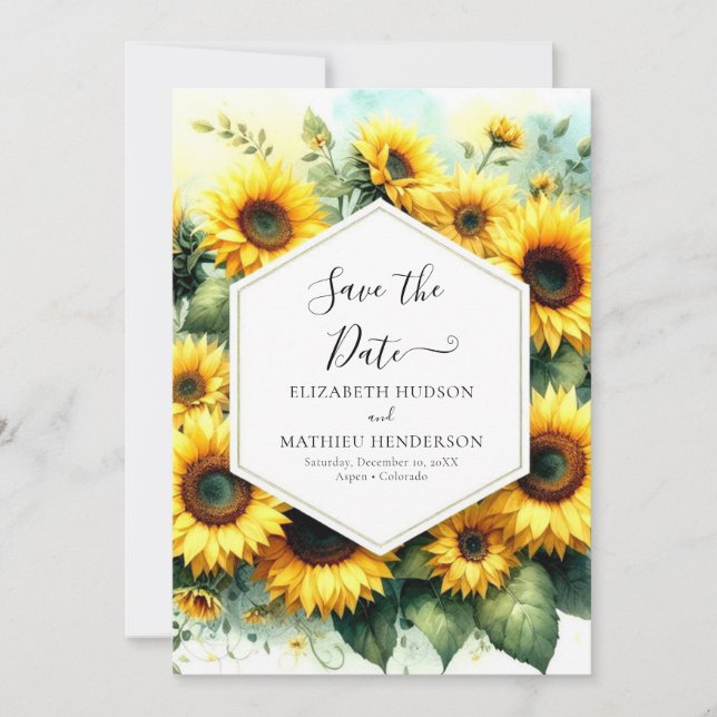 Stilvolle Sonnenblumenhochzeit Save The Date (Vorderseite)