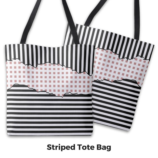 Stilvolle Streifen Netz in Schwarz, Weiß und Rosa Tasche (Stylish Stripes Net Layered Black, White & Pink Tote Bag)