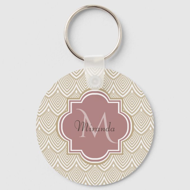 Stilvolle Tan Arched Scallops Mauve Monogram Name Schlüsselanhänger (Vorderseite)