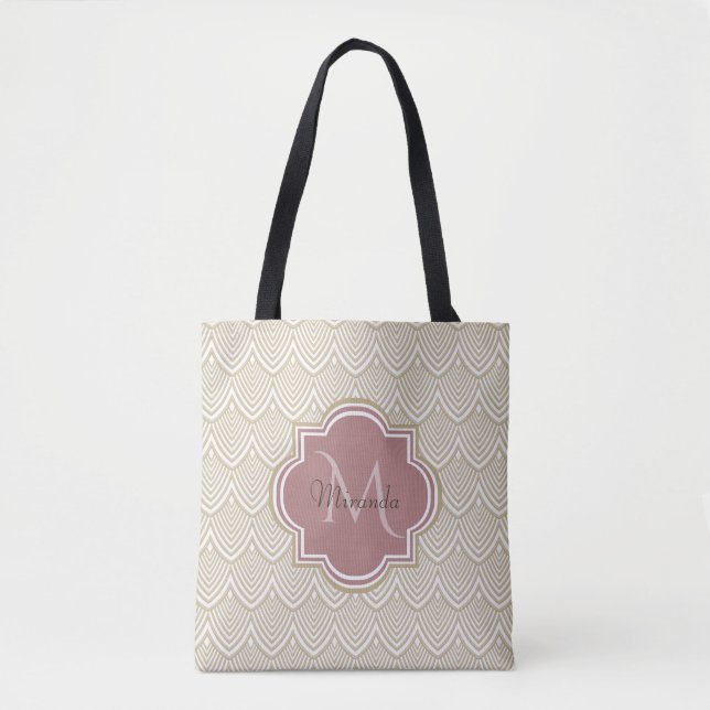 Stilvolle Tan Arched Scallops Mauve Monogram Name Tasche (Vorderseite)