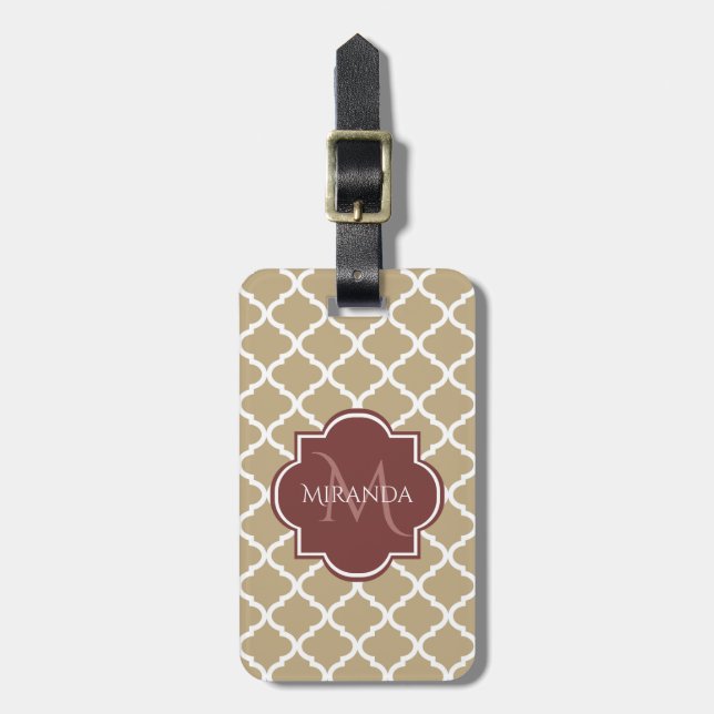 Stilvolle Tan Quatrefolie Burgundy Monogram und Na Gepäckanhänger (Vorderseite vertikal)