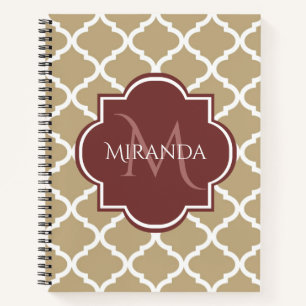 Stilvolle Tan Quatrefolie Burgundy Monogram und Na Notizbuch
