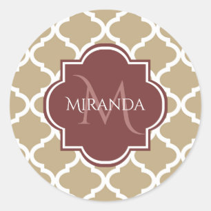 Stilvolle Tan Quatrefolie Burgundy Monogram und Na Runder Aufkleber
