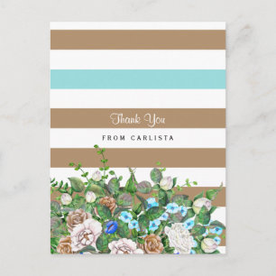 Stilvolle Tan und Aqua Floral und Streifen Danke Postkarte