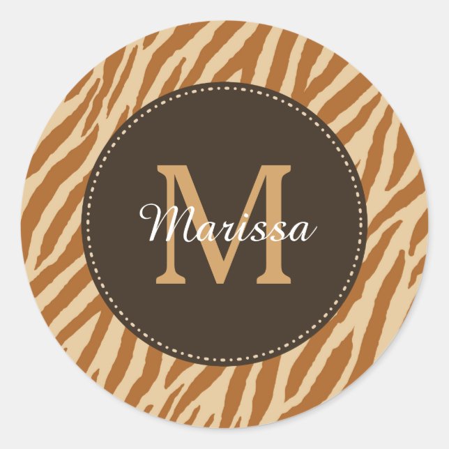 Stilvolle Tawny Brown Zebra Print Monogram und Nam Runder Aufkleber (Vorderseite)