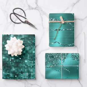 Stilvolle Teal-Glitter- und Marmoreffekt-Muster Geschenkpapier Set