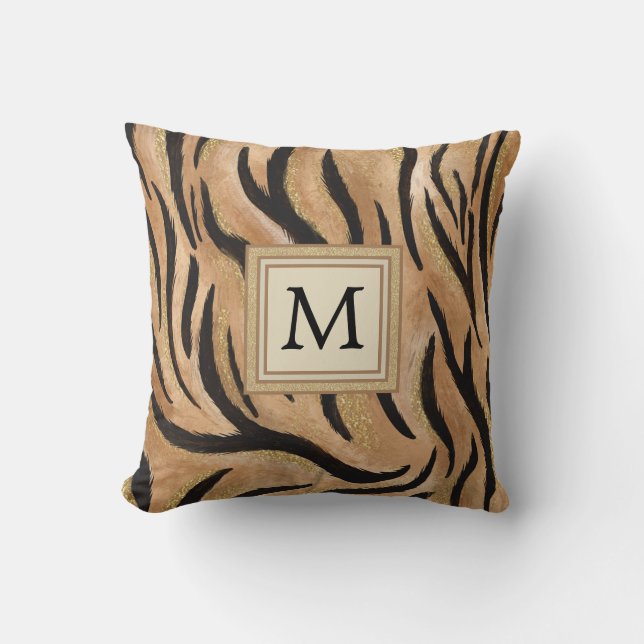 Stilvolle Tiger Print Wild Cat Safari Monogram Kissen (Vorderseite)