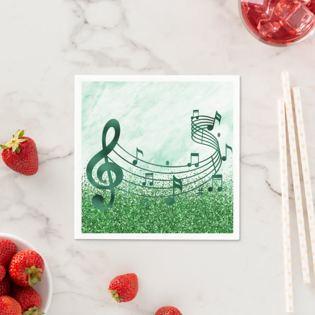Stilvolle Treble Clef Musical Notes Green Glitzer Serviette (Beispiel)