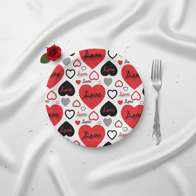 Stilvolle, trendige Rot- und Schwarz-Liebe-Herzmus Pappteller (Von Creator hochgeladen)