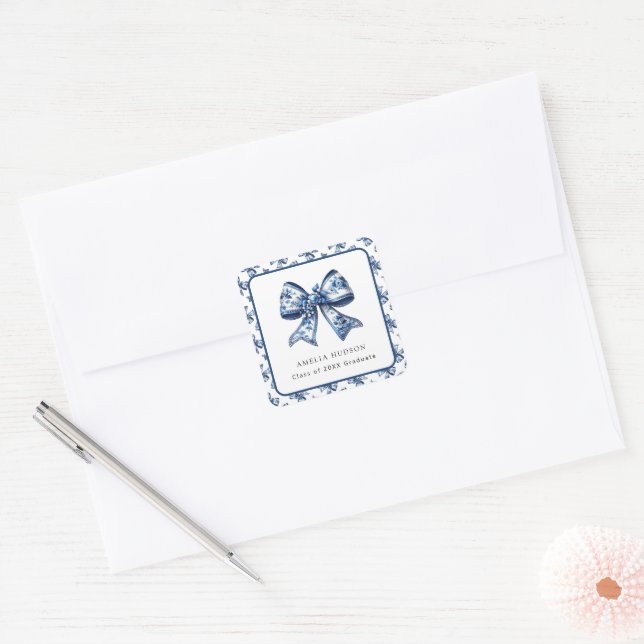Stilvolle Trendy Blue Floral Bow Quadratischer Aufkleber (Umschlag)