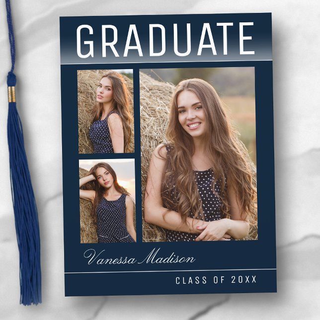 Stilvolle Trendy Chic 3 Foto Navy Blue Abschluss Postkarte (Von Creator hochgeladen)