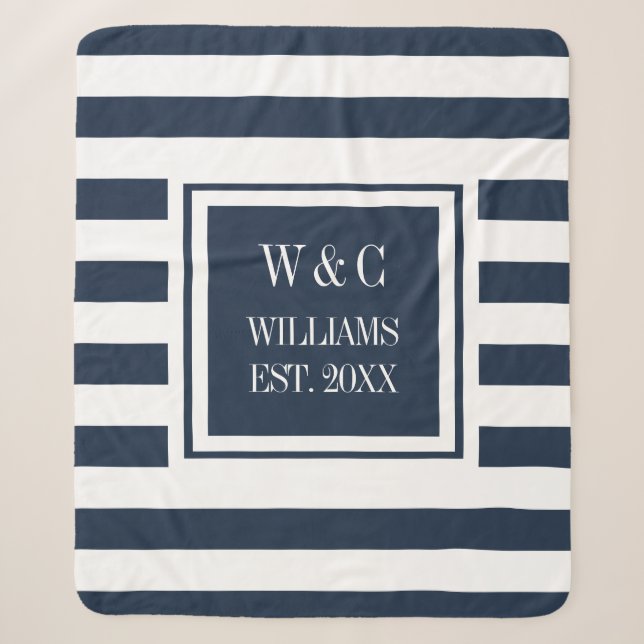 Stilvolle Trendy Monogram Navy Blue White Stripe Sherpadecke (Vorderseite)