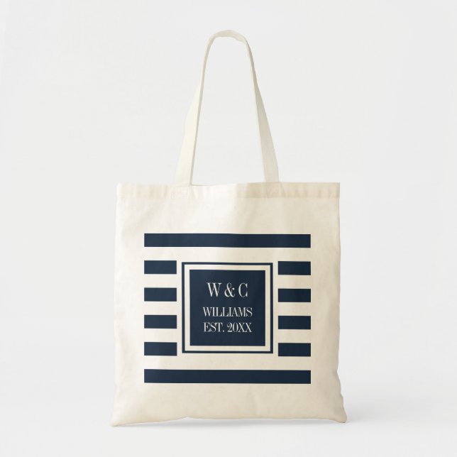 Stilvolle Trendy Monogram Navy Blue White Stripe Tragetasche (Vorne)