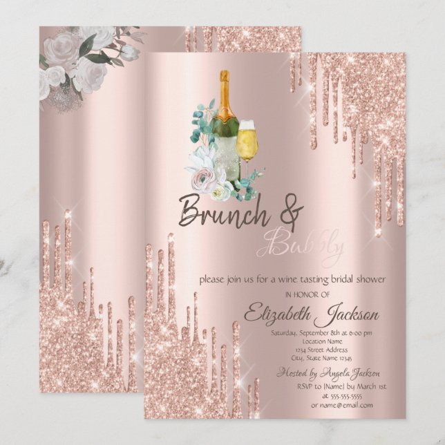 Stilvolle Tropfen Brunch & Bubbly Brautparty Invit Einladung (Vorne/Hinten)