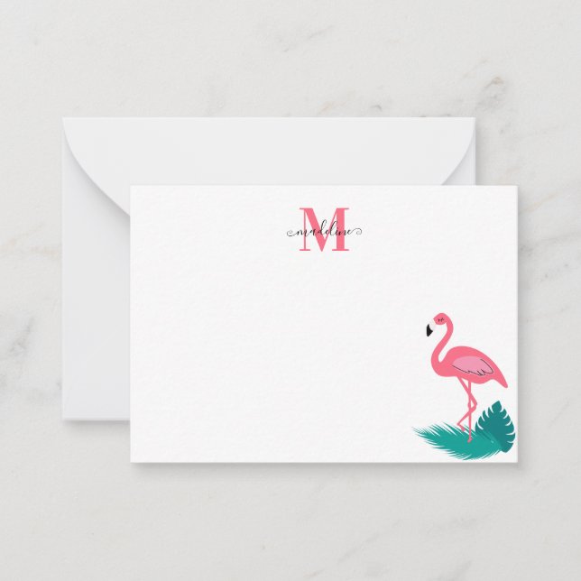 Stilvolle Tropische Blätter Monogram Pink Flamingo Mitteilungskarte (Vorderseite)