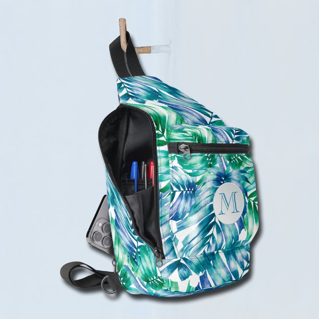 Stilvolle tropische Palmen Crossbody Bag (Stylish tropical palm tree fronds blue, green and white sling bag with monogram on the front.)