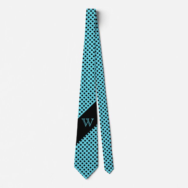 Stilvolle Türkis- und Schwarzpolka-Dot-Monogramm-K Krawatte (Vorderseite)