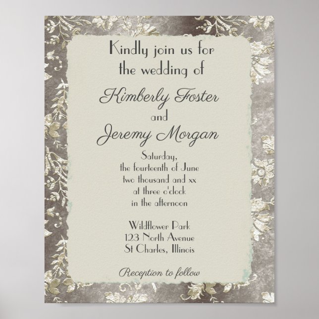 Stilvolle Vintage Pewter-Hochzeitseinladung Poster (Vorne)