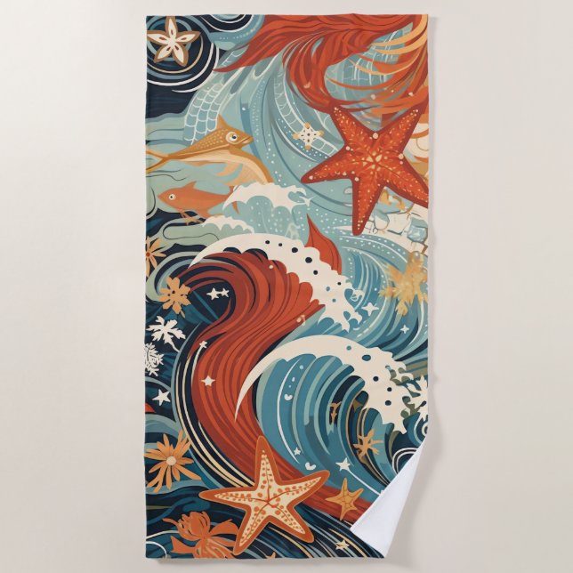 Stilvolle Vintage Waves und Starfish Strandtuch (Vorderseite)