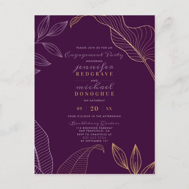 Stilvolle Violet Gold Sprigs Moderne Engagement Pa Einladungspostkarte (Vorderseite)
