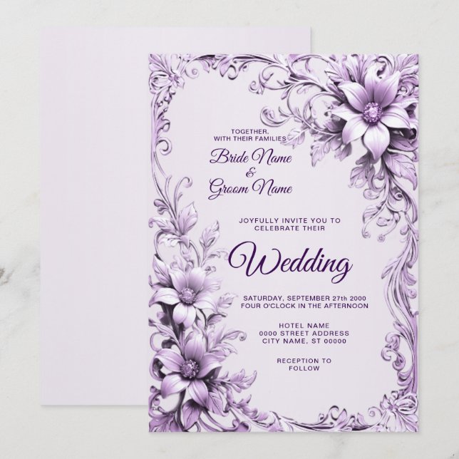 Stilvolle violette Blumen zum Hochzeitsempfang Einladung (Vorne/Hinten)
