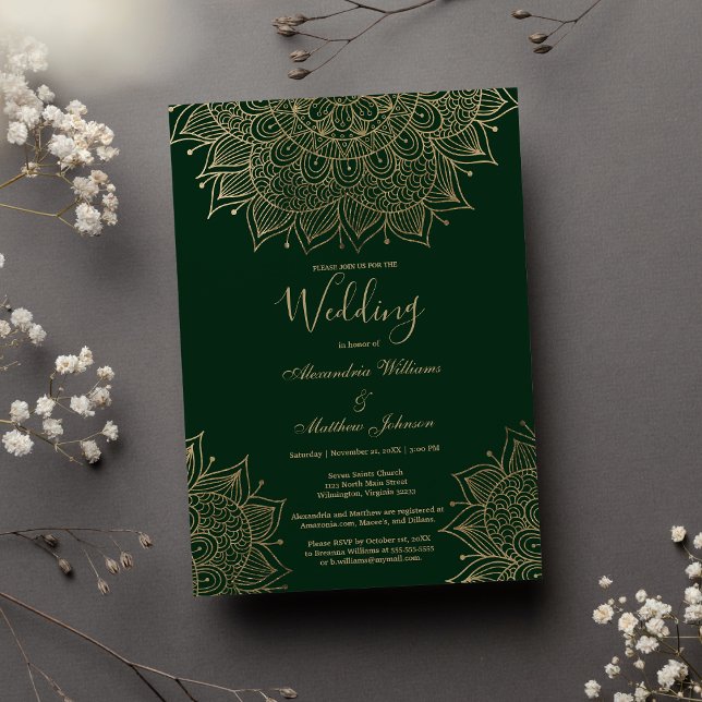 Stilvolle waldgrüne goldene Blumenmandala Hochzeit Einladung (Stylish forest green gold floral mandala Wedding)