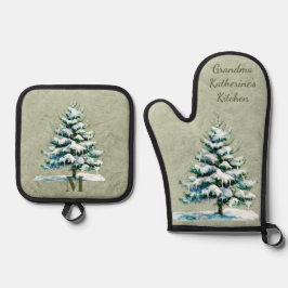 Stilvolle Wasserfarbe Schnee Evergreen Personalisi Ofenhandschuh & Topflappen-Set