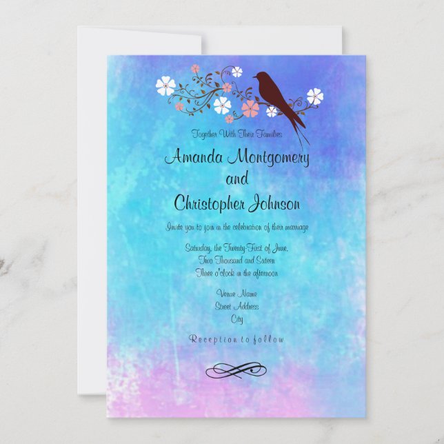 Stilvolle Wasserfarben in rosa Lila Blue Wedding Einladung (Vorderseite)