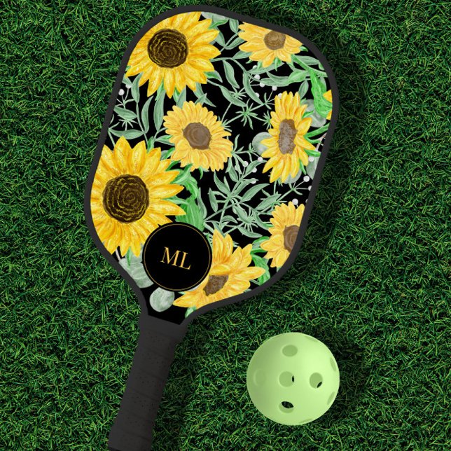 Stilvolle Wasserfarben Sonnenblumen Mit Monogramm Pickleball Schläger (Von Creator hochgeladen)