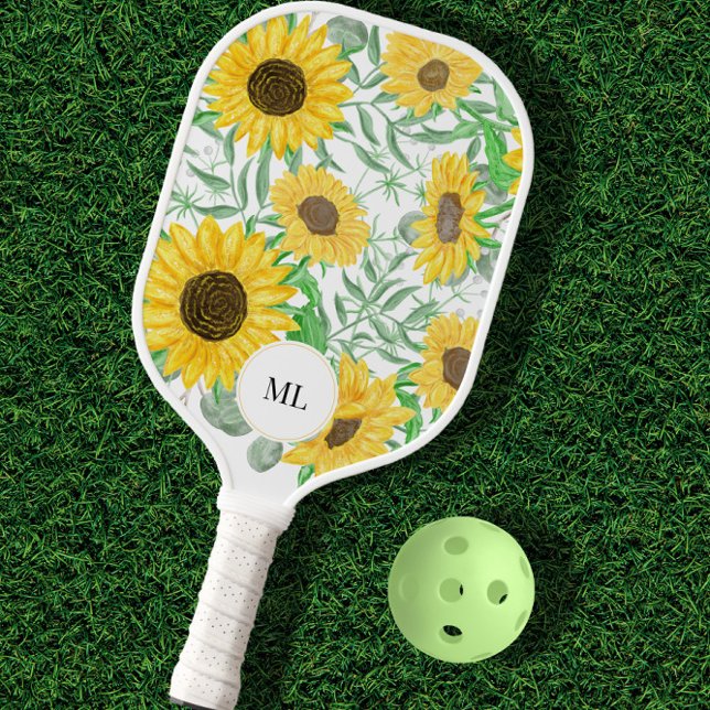 Stilvolle Wasserfarben Sonnenblumen Mit Monogramm Pickleball Schläger (Von Creator hochgeladen)