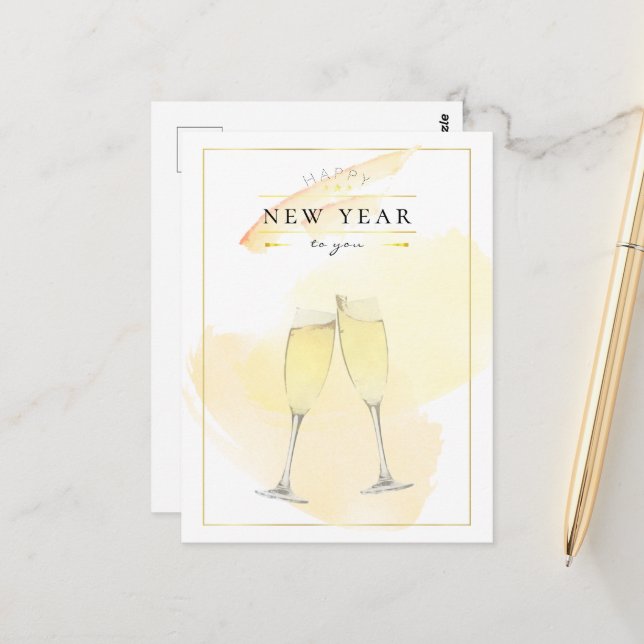Stilvolle Watercolor Champagnerbrille Neues Jahr Postkarte (Vorderseite/Rückseite Beispiel)