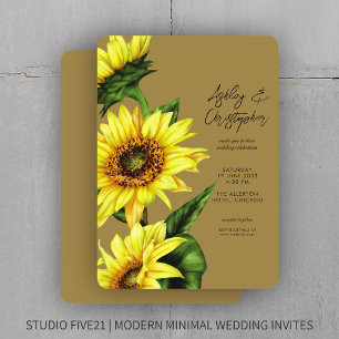 Stilvolle Watercolor Sonnenblume Gold Hochzeit Einladung